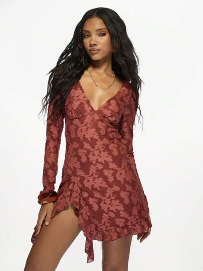 MISSGUIDED Devore Floral Print Long Sleeve Wrap Style Mini Dress Christmas MISSGUIDED