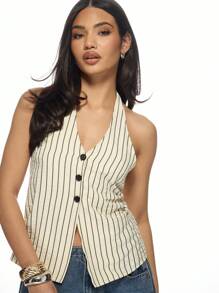 MISSGUIDED 条纹吊带衫背心上衣纽扣前夏季无袖露背背心休闲专业办公装春季时尚声明片