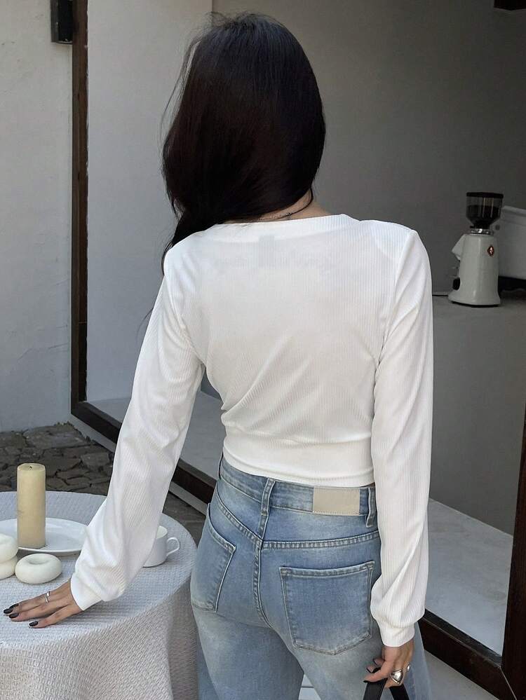 Women's Round Neck Solid Color Cropped Long Sleeve T-Shirt, White, Spring/Summer/Autumn