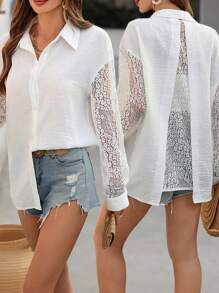 Breezaya Elegantes Damen Langarm Hemd mit Hohlmuster und Spitzendesign, für Frühling/Sommer - Weiss - Übersicht 1