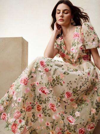 Anewsta Fashionable & Elegant Embroidered Floral V-Neck A-Line Midi Skirt, Suitable For Valentine's Day, Summer Vacation, New Year Outfit