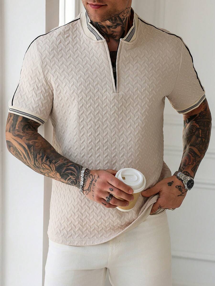 Manfinity Homme Men's Striped And Graphic Print Half Zip Casual Short Sleeve Polo Shirt - Apricot - View 1