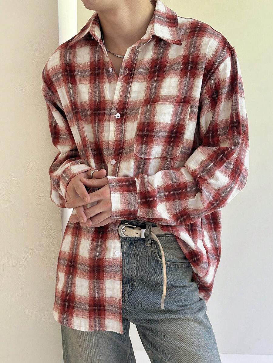 DAZY Spring Men's Retro Red Plaid Button Down Shirt,Fall Clothes - Red - View 1