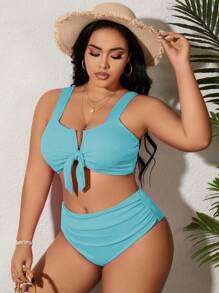SHEIN Swim Curve 2 件大码女士纯色比基尼泳装套装，休闲度假，夏季海滩度假 - 淺藍色 - 查看 3