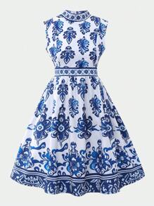 SHEIN Explorewe 1 件少女复古蓝白瓷印花无袖收腰中长连衣裙，飘逸柔软，宽松舒适，适合休闲度假，优雅出席婚礼宾客