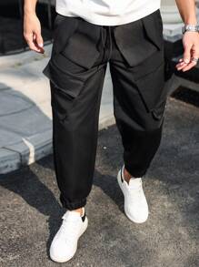 Manfinity Homme Plus Size Men's Front Lace-Up Pocket Simple Design Casual Pants - Black - View 5