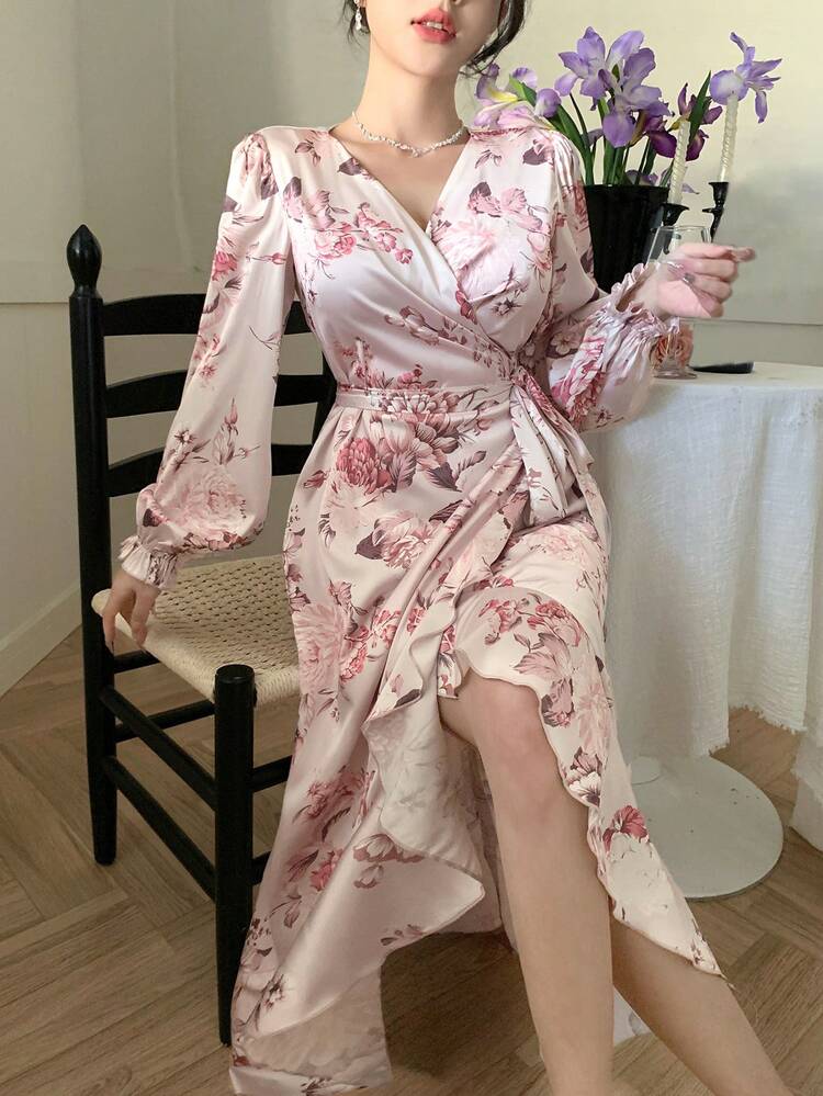 Women V-Neck Ruffle Hem Tied Floral Midi Dress Prom Dress,Fall Dress Long Sleeve Dress Elegant Women Dresses