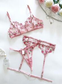 Set de lencería de 5 piezas con top de tirantes y ropa interior con bordado floral para mujeres