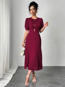 SHEIN Unity 优雅法式泡泡袖系腰勃艮第红色女式连衣裙 - 酒紅色 - 查看 5
