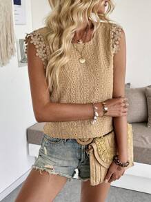 Breezaya 女士休闲提花蕾丝后背无袖 T 恤 - 卡其色 - 查看 5