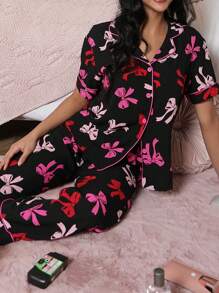 Bow Print Ruffle Decor Women's Shirt Collar Pajama Set - Black - View 7