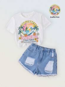 Bộ đồ ngủ in hình quả dừa đơn giản, nhẹ nhàng, thoải mái cho bé gái tuổi teen và quần short denim rách - trắng - Xem 3