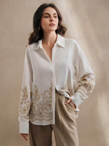 Anewsta 女士刺绣纯色优雅浪漫都市立领长袖衬衫