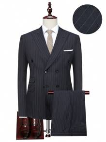 Manfinity Mode Plus Size Men's Striped Double Breasted Long Sleeve Minimalist Blazer And Pants Suit Set