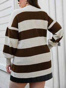 SHEIN Cottnline Plus Sıze Strıpe Detaıl Casual Sweater - Brown - View 2