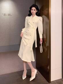 DAZY Vestido midi liso con mangas abullonadas y escote en V, para mujer, con volantes, vestido largo de manga larga para otoño