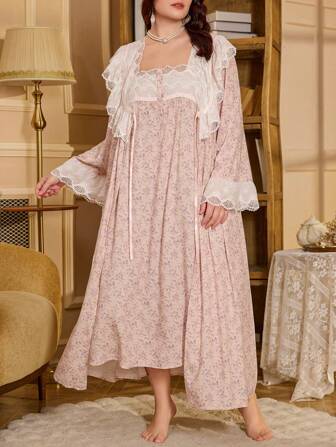 PalaceNights 2件套加大码碎花蕾丝拼接吊带连衣裙和睡袍睡衣套装，秋冬服装