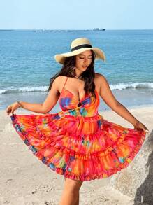 Flirla Plus Size Spring & Summer Beach Stylish Sexy Colorful Print Backless Halter Dress - Multicolor - View 3
