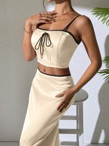 Breezaya Conjunto de 2 piezas de top camisola con cordón y falda con ribete contrastante para mujer