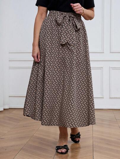 SHEIN LUNE Women Long Geometric Print Casual Knotted Waist Skirt