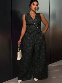 SHEIN Unity Plus Size Front Button Sleeveless Minimalist Top And Long Pants Suit Set Graduation,Back To School,Teacher Outfits For Women - Black - View 4