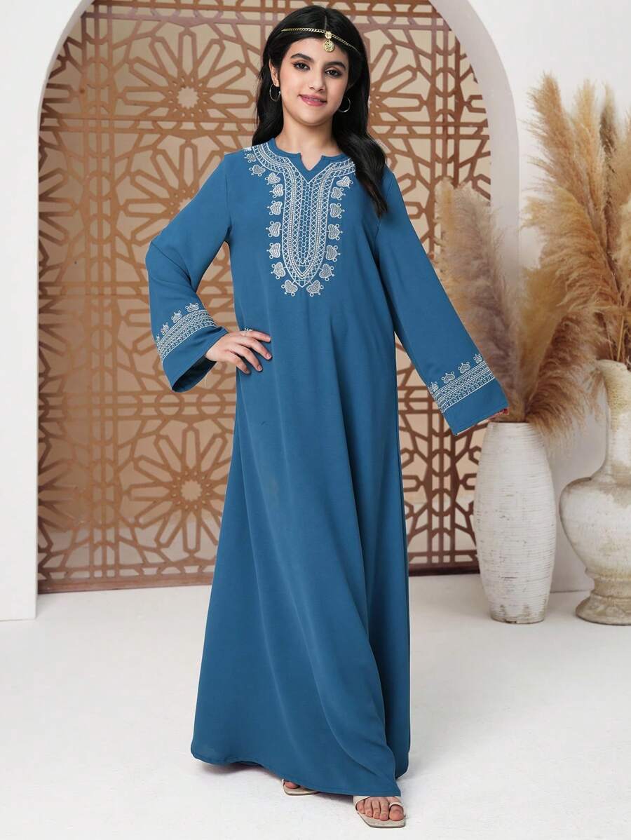 青少年女孩 V 领长袖简约休闲长裙