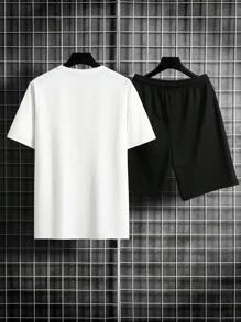 Manfinity Homme Men's Letter Print Round Neck Short Sleeve Casual T-Shirt And Shorts Set Men 2 Pieces Shorts Outfits