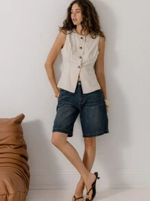 Aralina 长款亚麻海滩度假定制夏季背心 - 米色 - 查看 6