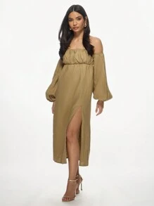 MISSGUIDED Linen Bardot Puff Sleeve Midi Dress With High Side Split Empire Waist Summer Beach Resort Evening Wear Milkmaid Style - Khaki - View 3