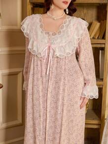 2件套加大码碎花蕾丝拼接吊带连衣裙和睡袍睡衣套装，秋冬服装