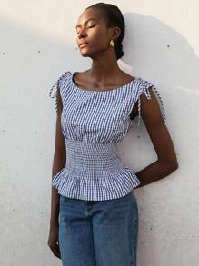 Aveloria Modichic 复古学院风蓝色格子蝴蝶结腰部收褶设计性感女式吊带背心衬衫 - 彩色 - 查看 1