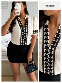 Calvaya Plus Size Summer Colorblock Ruffled Short Sleeve Casual Blouse - Apricot - View 1