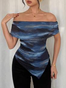 Chiquease Women's Graphic Print Ruched Off Shoulder Backless Mesh Asymmetrical Hem T-Shirt - Multicolor - View 6