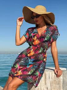 Swim Lushoire 女式 V 领短袖印花简约罩衫，休闲和度假装，适合夏季海滩度假 - 彩色 - 查看 4