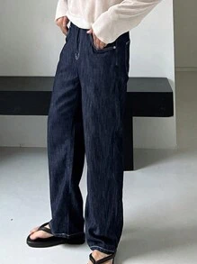 DAZY Autumn Solid Color Pocket Loose Casual Men's Denim Jeans - Blue - View 3