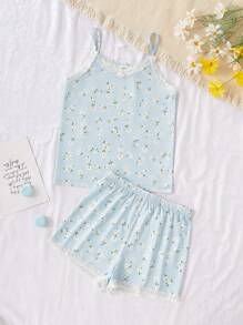 2pcs Tween Girls Ditsy Floral Sleeveless Top & Shorts Sets, Stylish & Lace Patchwork Home Outfit - Multicolor - View 7