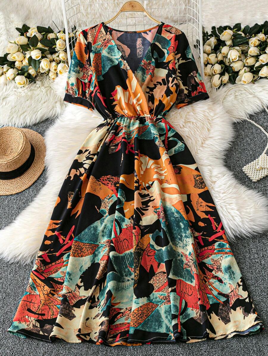 SHEIN Clasi Floral Print V-Neck Short Sleeve Casual Long Dress - Multicolor - View 1