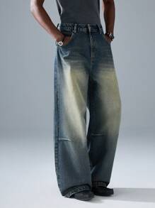 NEON BLANC 男士休闲街头时尚宽松蓝色牛仔长牛仔裤 - 水鴨藍 - 查看 4