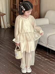 DAZY 2pcs Young Girl V-Neck Woven Shirt + Pants Set, Spring & Summer - Pink - View 4