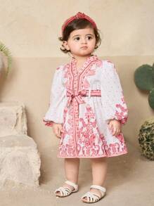 SHEIN 女婴夏季花卉印花长袖度假连衣裙 - 紅白色 - 查看 5