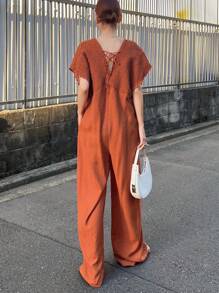 FRIFUL Women's Orange Jumpsuit With V-Neck And Tie, Summer Outfit Romper - Orange - View 4