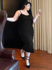 Dazy Plus Plus Size Contrast Lace Slim Fit Dress, Spring/Summer Delicate Lace Party Women Dresses - Black - View 7