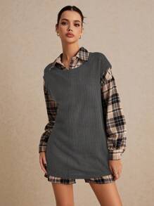 SHEIN Frenchy Plaid Drop Shoulder Blouse & Vest Without Belt Vintage Style Winter Casual - Grey - View 4