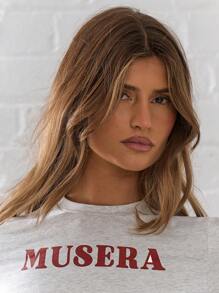 Musera Sport ملابس علوية قصير بطباعة شعار، تي شيرت كاجوال بطباعة جرافيك، للمطار والعطلات والعودة إلى المدرسة والشتاء والربيع والصيف الأنيق - رمادي - مشاهدة 5