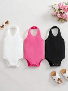 SHEIN 3 件套女婴夏季可爱纯色针织吊带背心连体衣 - 彩色 - 查看 1