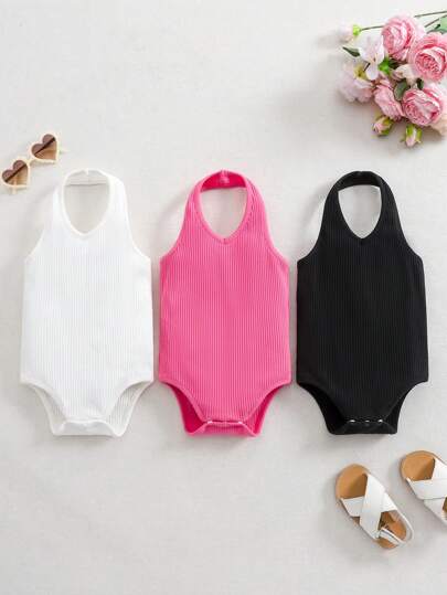 SHEIN 3 件套女婴夏季可爱纯色针织吊带背心连体衣