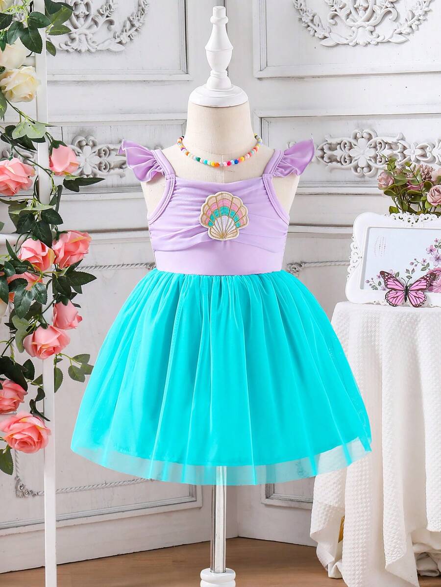 Vestido corto de color block sin mangas con concha bordada de primavera/verano - Púrpura malva - Ver 1