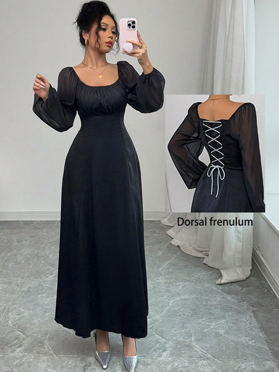 Modelyn 女式长袖网眼拼布褶皱休闲连衣裙 - 黑色 - 查看 1