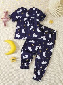 2pcs/Set Young Girl Cute Rabbit Print Navy Blue Long Pants & Short Sleeve Casual Homewear Set - Navy Blue - View 2