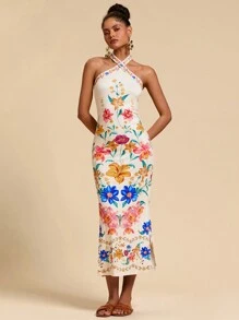 Travachic Robe longue sans manches à imprimé floral pour femmes, convenant pour les vacances